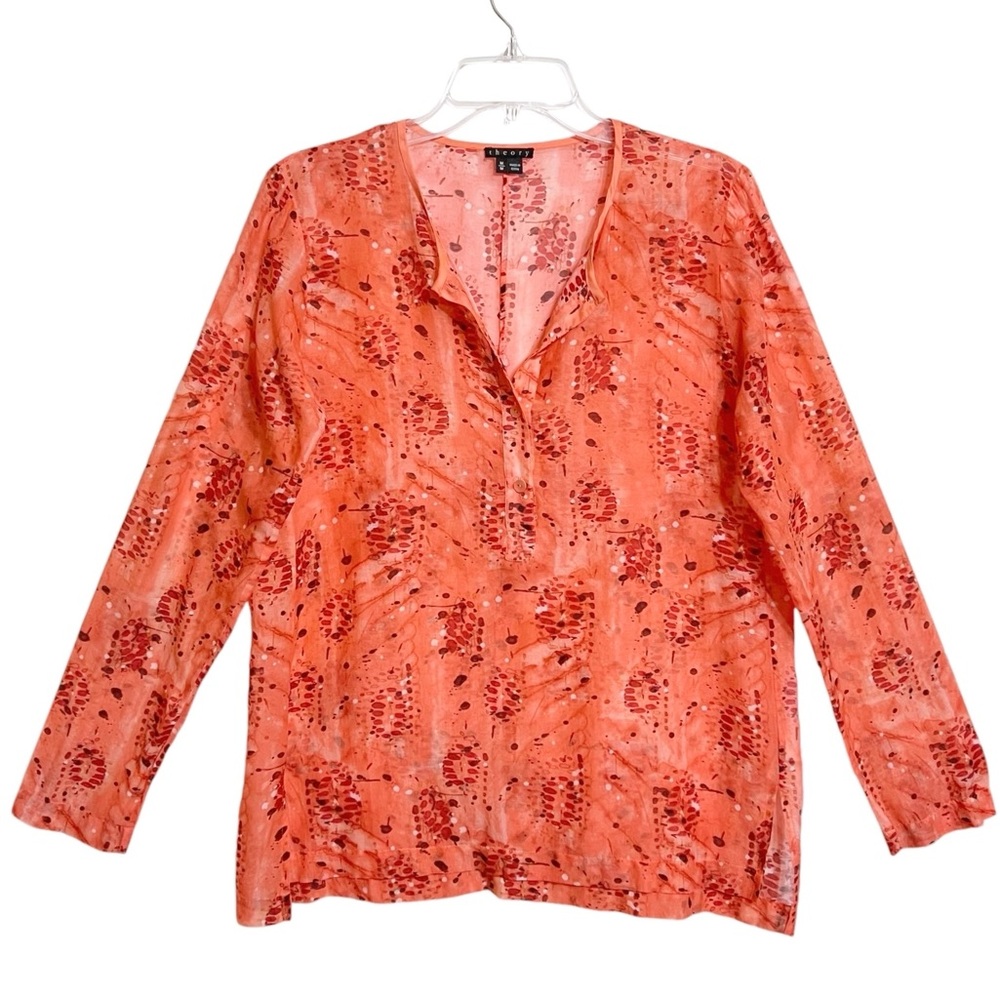 Theory Boho Silk Blend Quiet Luxury Popover Top M Orange Abstract Semi Sheer
